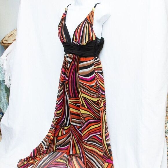 Vgt Y2K Does 70s Colorful Psychedelic Print XOXO Maxi Ring Strappy Dress Size S - Picture 4 of 13